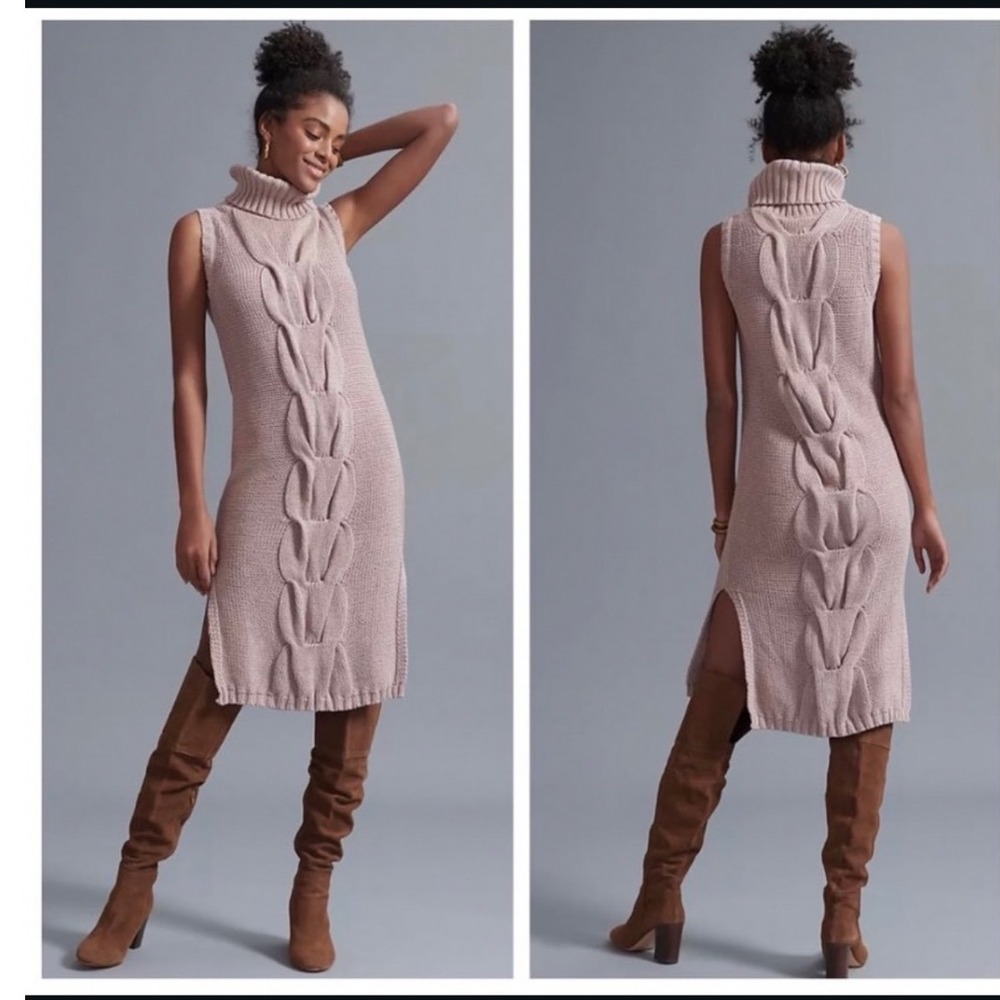 NWT Anthropologie Callahan Saphire turtleneck sweater dress mauve tan cable-knit